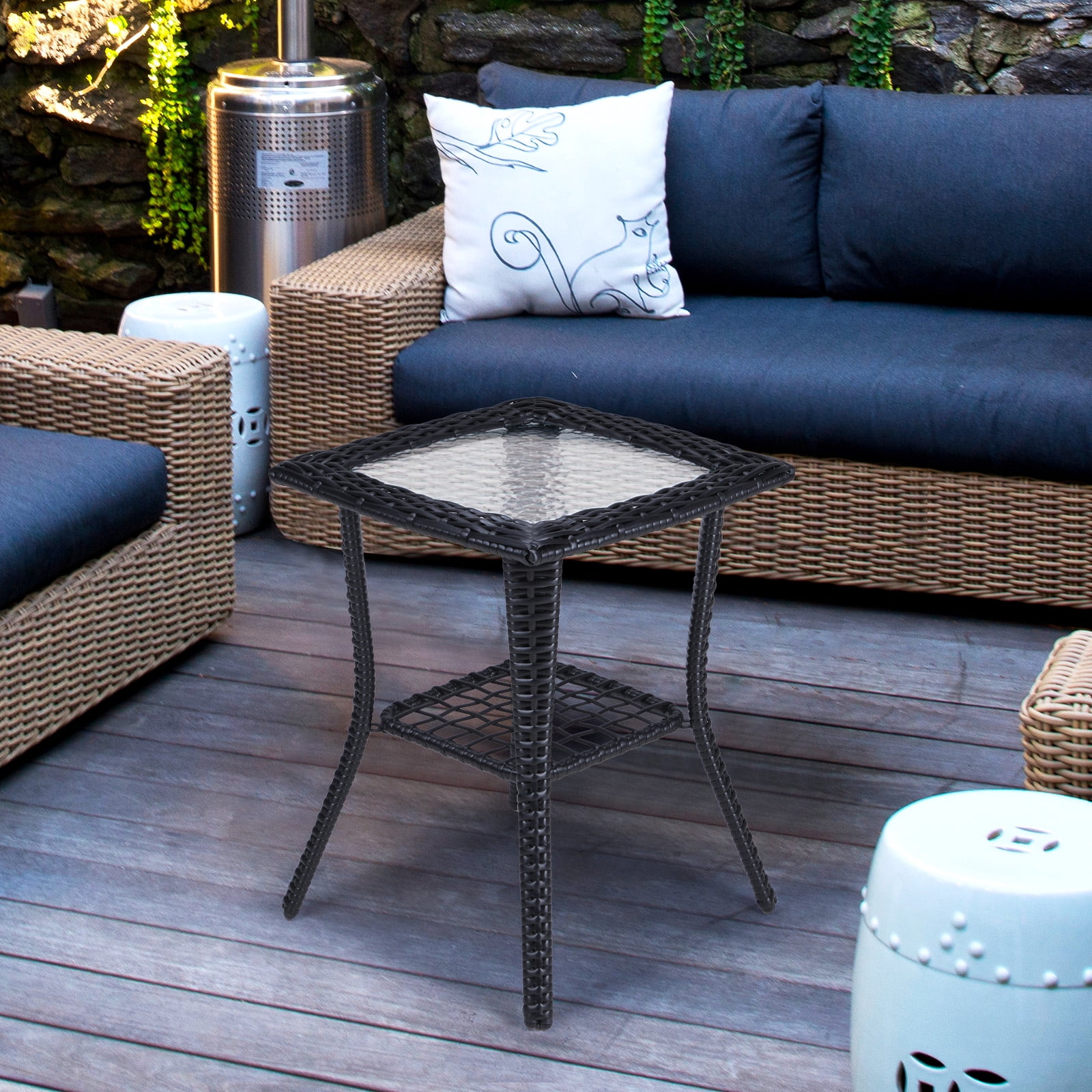 Wicker Side Table with Glass Table Top, Square PE Rattan Outdoor End Table for Patio, Garden, Poolside, Deck w/UV-Resistant Frame, Storage Space, Black
