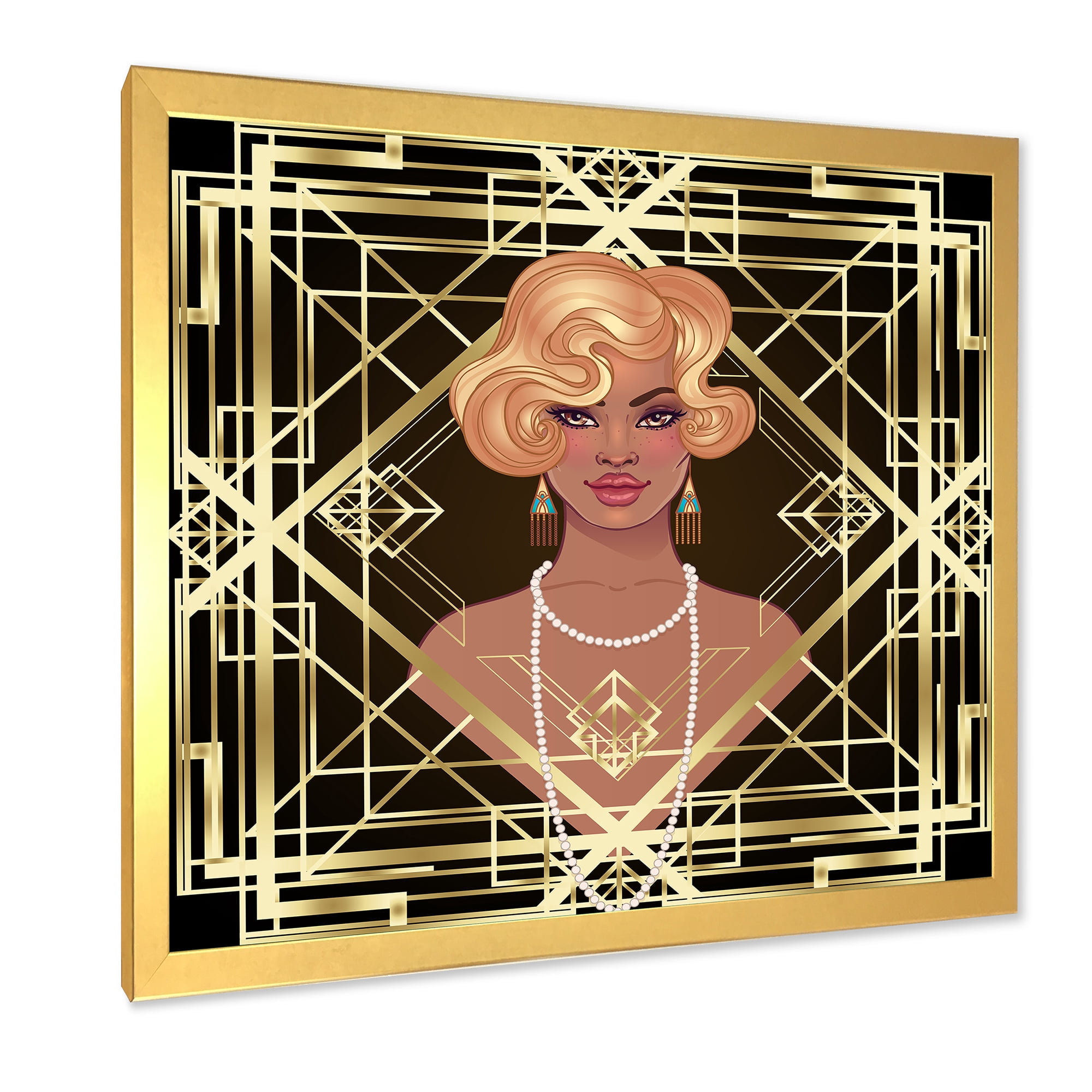 Designart 'Retro Girl In Golden Art Deco Geometrics III' Modern Framed Art Print