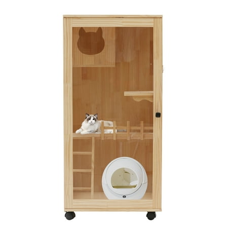 Wooden Cat House Large Indoor Cat Enclosure Catio Cage with Ramp & Covered Cat House Kit