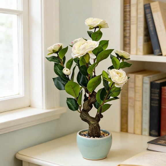 TOARTi Camellia Bonsai Tree White Flowers with Faux Plastic Leaves Plastic Pot Included Indoor Tabletop Decor for Home Office Living Room Bedroom 30x48 cm
