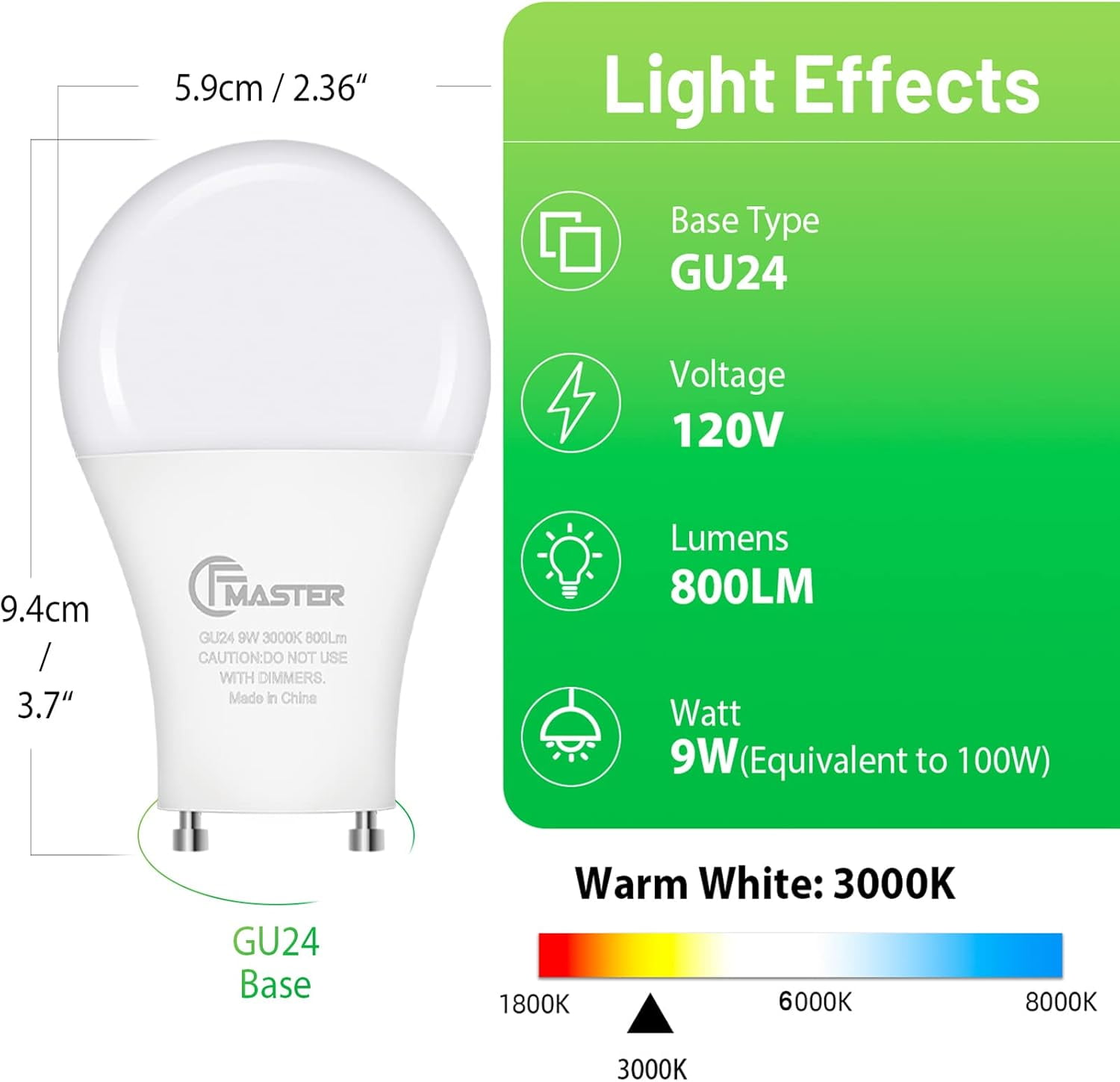 GU24 LED Light Bulb, 100W Equivalent 9W, 3000K Warm White, 800 Lumens, A19 Shape Twist-Lock GU24 Base, Two Prongs, Non-Dimmable, UL ETL Certified (12-Pack)