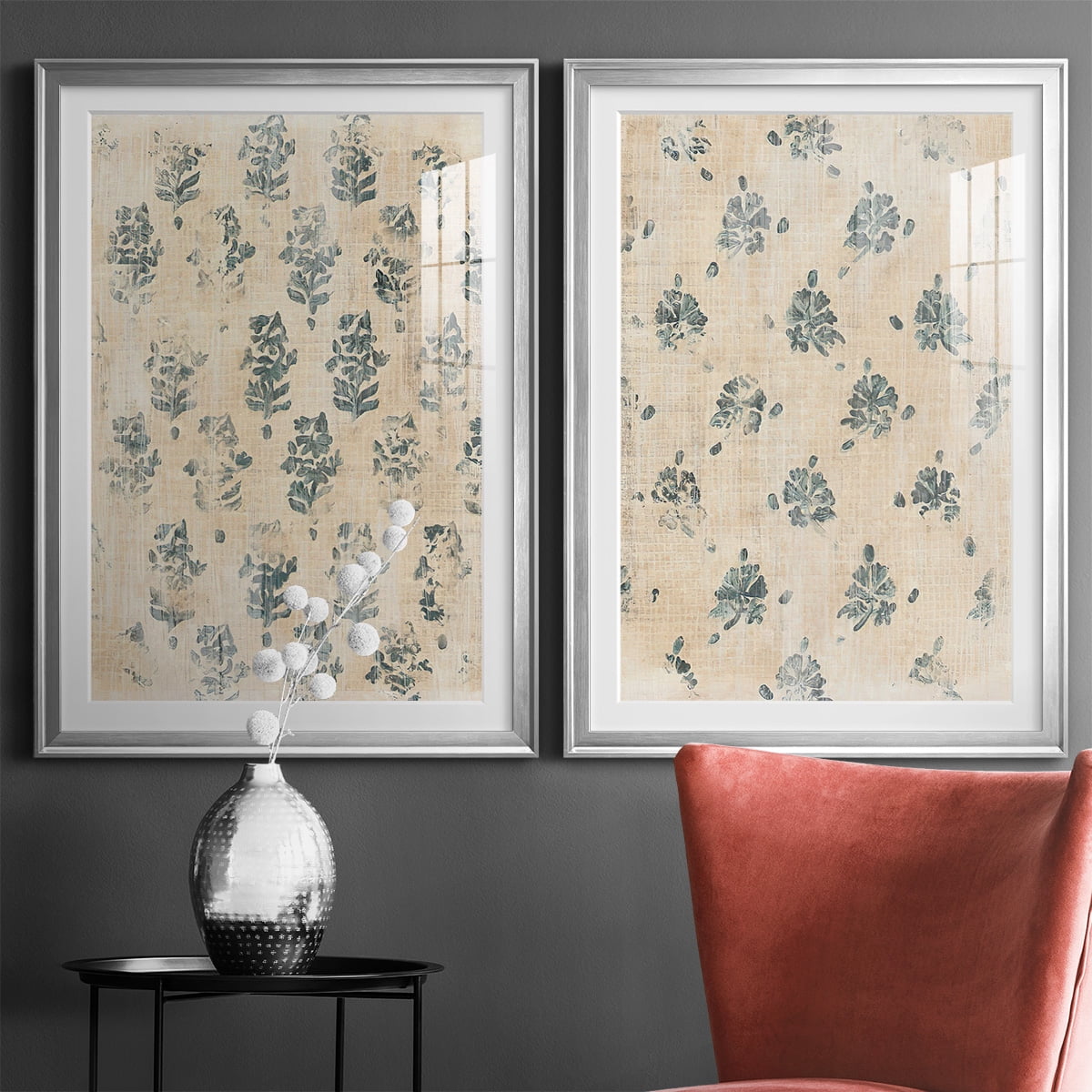Wexford Home Vintage Blockprint I Premium Framed Print, 22.5" x 30.5" - Ready to Hang, Silver (Set of 2)