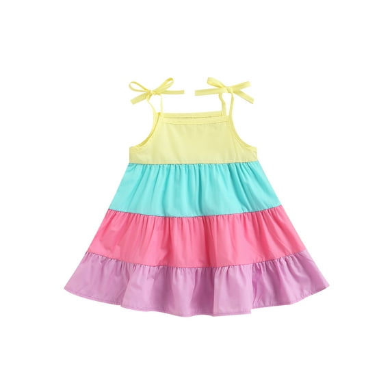 Qmyliery Kids Princess Dress, Contrast Color Sleeveless Strappy One-Piece Casual Wear for Summer