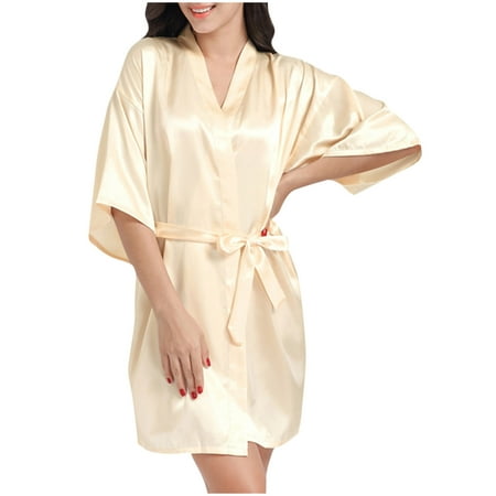 VONCOS Women s Satin Robe Sleepwear- Bathrobe Valentines Lingerie for Women Summer Sexy Sling Short Robes Yellow Size L