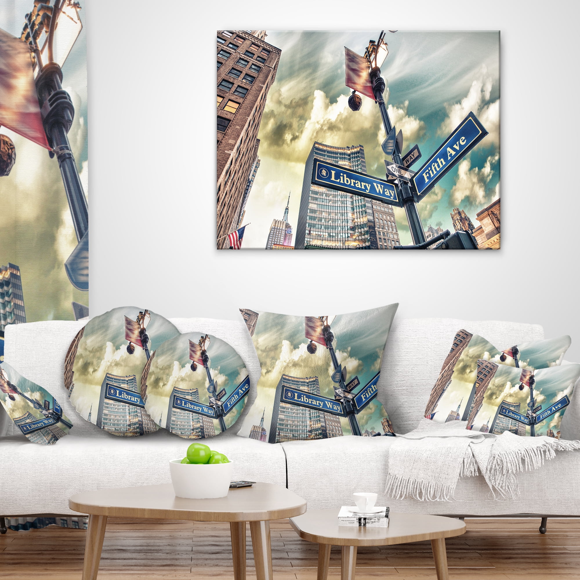 Designart Library Way and 5th Avenue Street Signs - Modern Cityscape Throw Pillow - 12x20