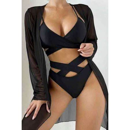 Sexy Criss Cross One Piece Bikini Mesh Cover Up Set (M  Green)