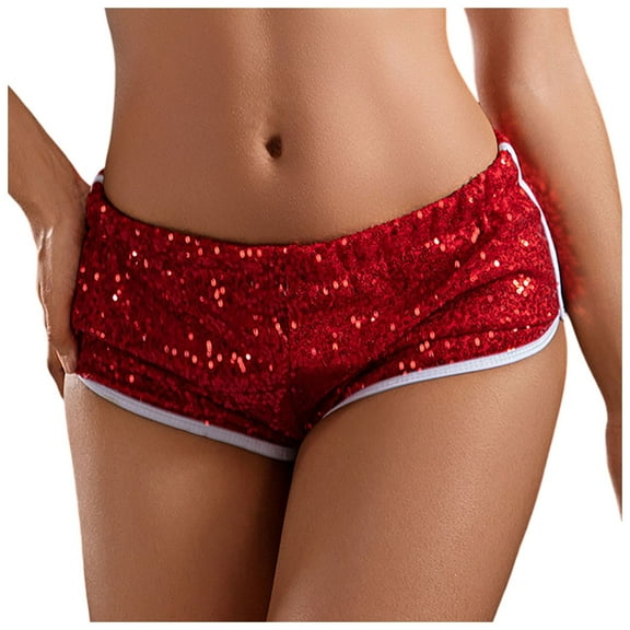 MIXUE Shorts For Women Summer Solid Color Sequin Micro Sexy Sparkly Concert Hot Mini Low Rise Womens Shorts Sportwear,Red,XL