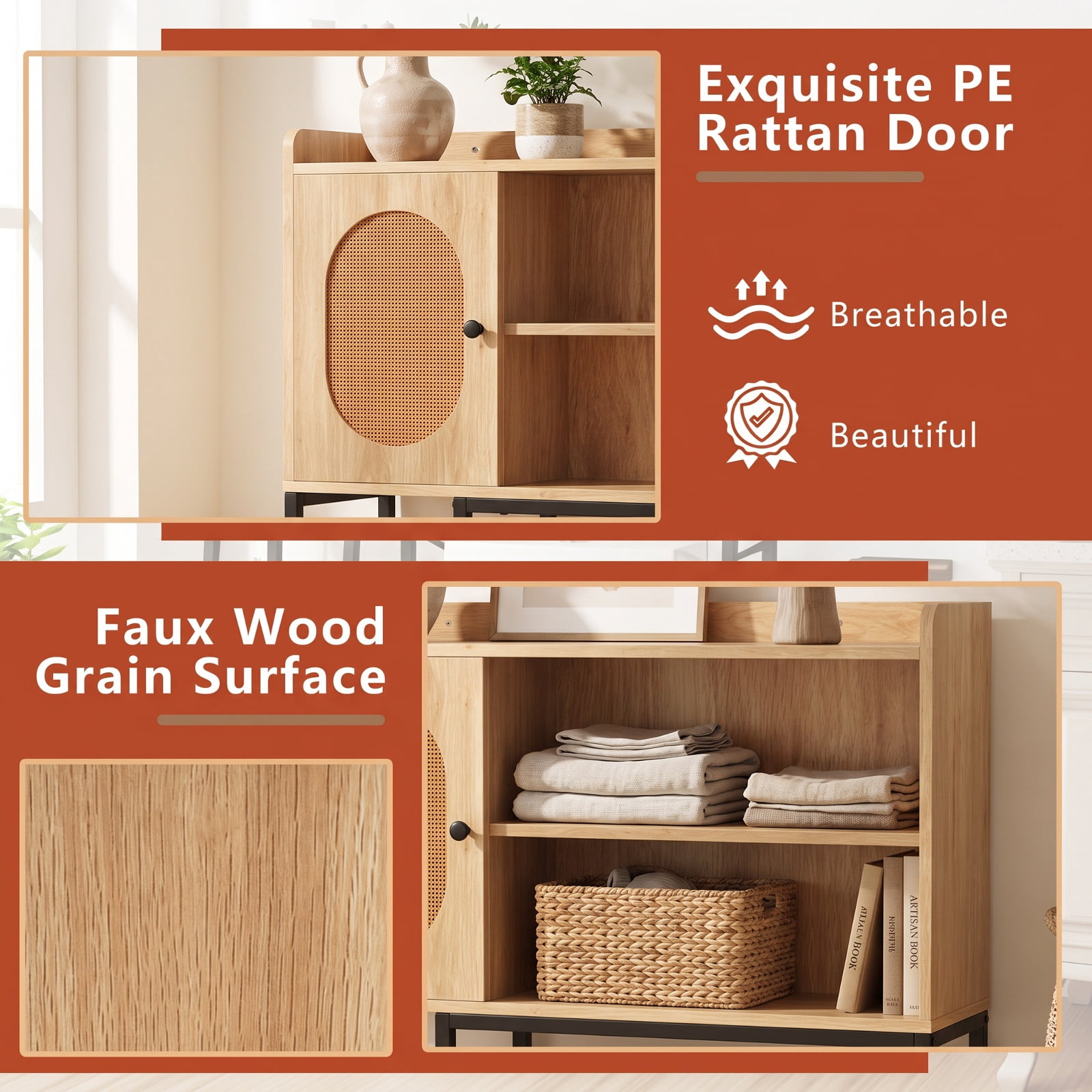 Vebreda Over-the-Toilet Storage, Over The Toilet Storage Cabinet with PE Rattan Door and Open Storage Shelves, Diverse and Flexible Storage Space