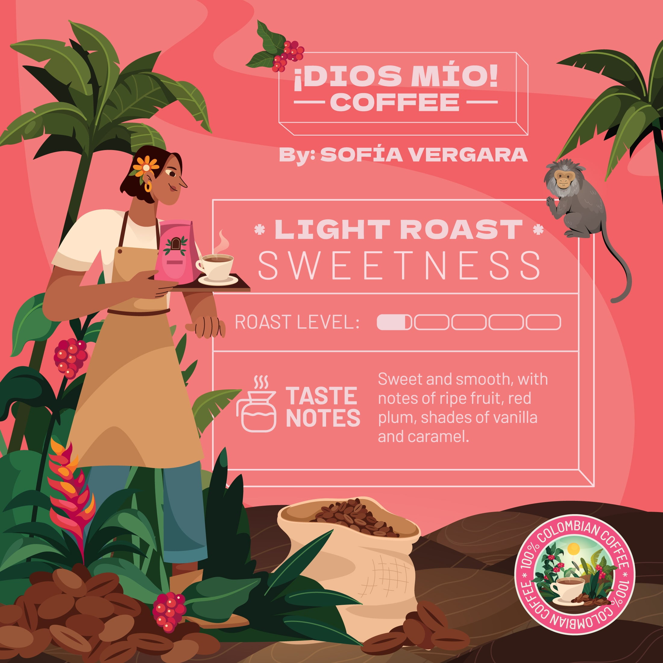 Dios Mio Coffee by Sofia Vergara, Premium Whole Bean Colombian Coffee, Light Roast , 12oz (pack of 3)