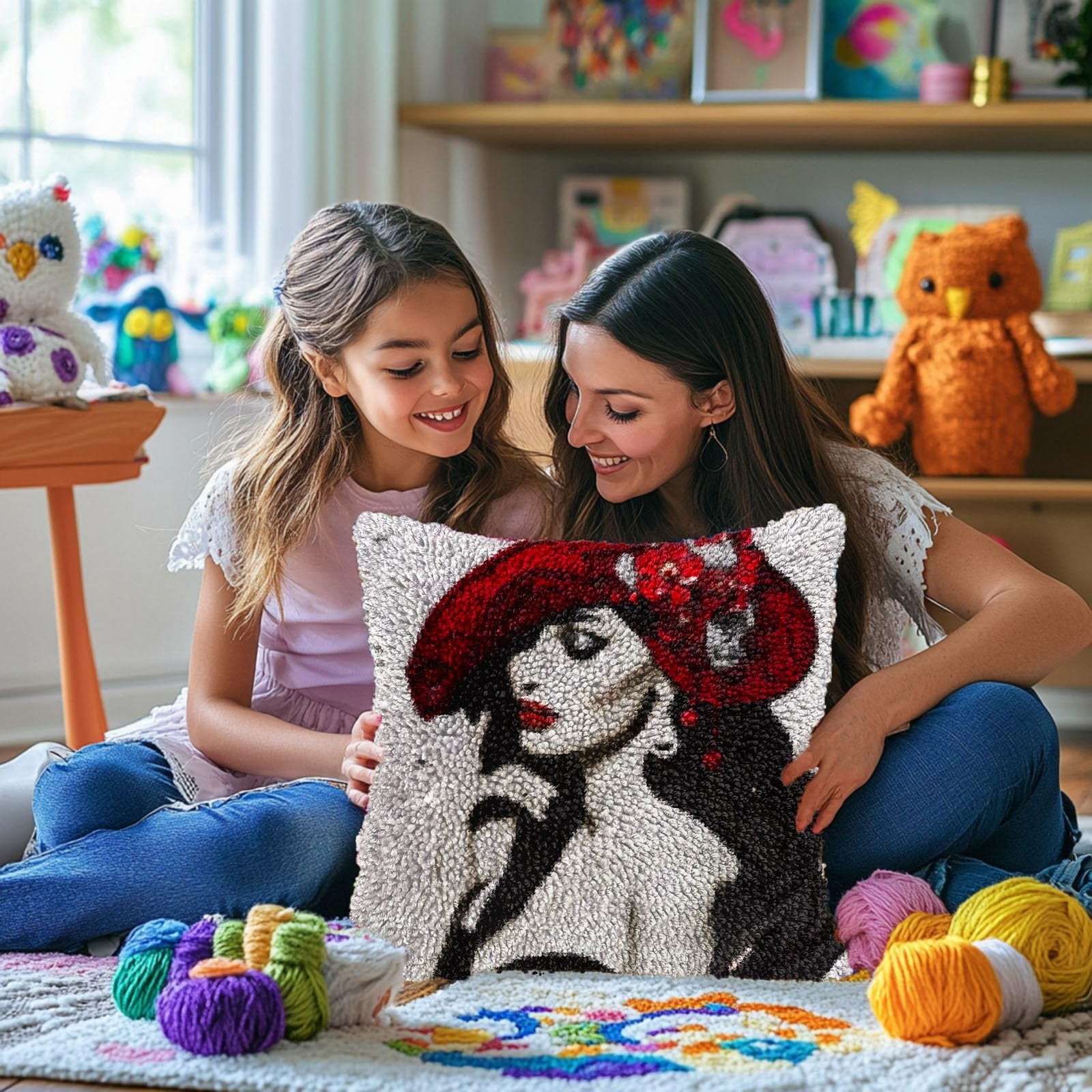 3d Tuextured Beauty Hat Woman DIY Latch Hook Pillow Kits for Adults Printed Pillowcase Crochet Yarns Hooking Handmade Pillow Cover Cushion for Home Sofa Decoration 17x17inch