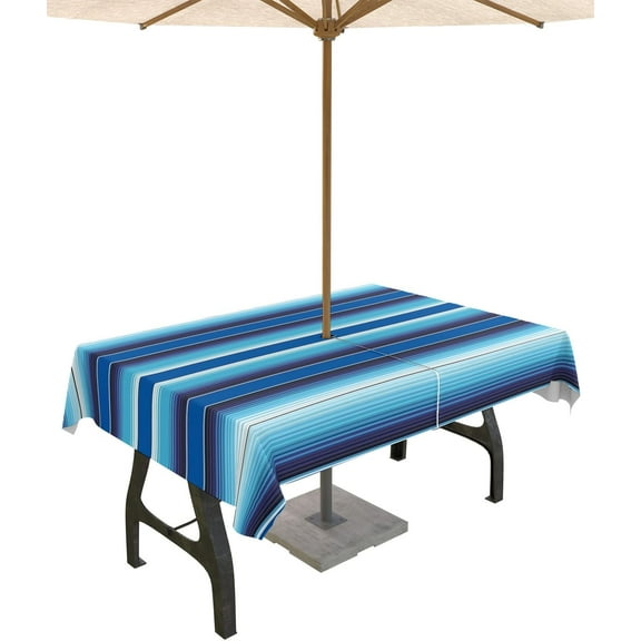 Outdoor Tablecloth Mexican Stripes Rectangle Patio Tablecloths 60x84, Waterproof Table Cloths with Umbrella Hole and Zipper, Colorful Blue Assorted Summer Table Cover for Outdoor Tables Garden