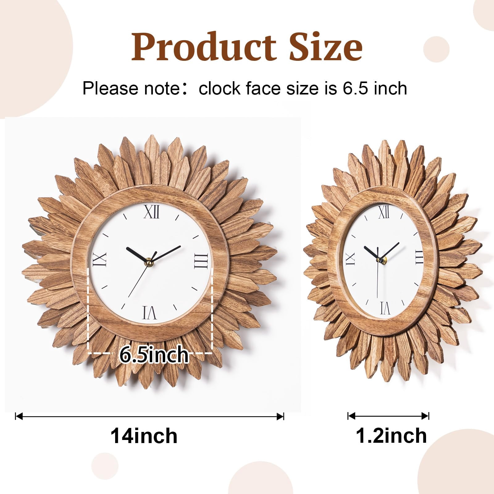 14 In Rustic Wood Boho Sunburst Decorative Wall Clock Silent Non Ticking Farmhouse Small Wall Clocks for Living Room Kitchen Bedroom Decor (Rustic Brown)