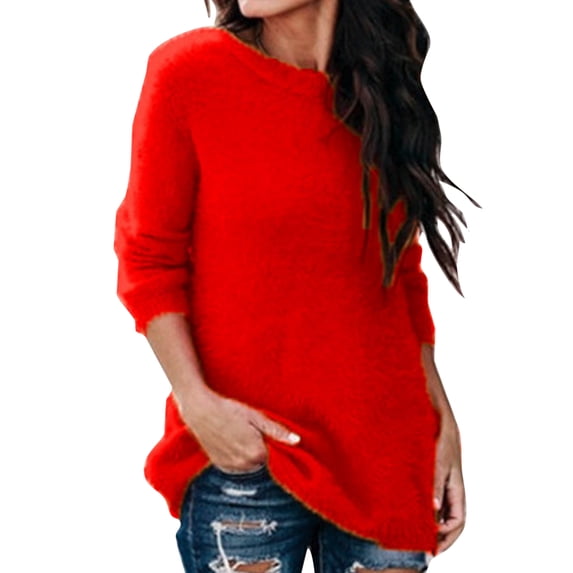 Grianlook Fleece Fuzzy Sweater for Women Long Sleeve Casual Tunic Shirt Blouses Red 4XL