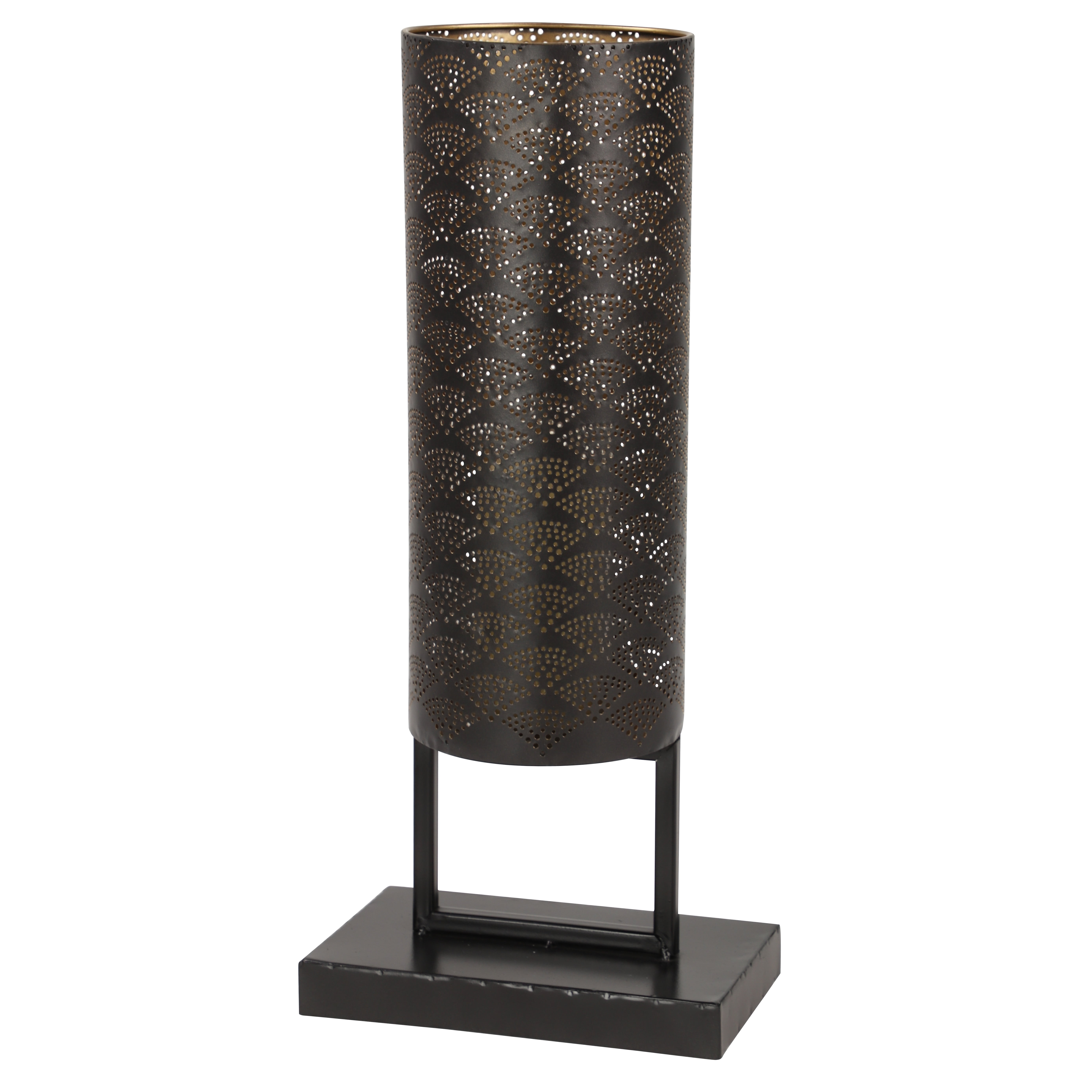 DecMode Modern Style Large Black Cylinder Metal Lantern with Pierced Metal Boho Pattern on Metal Base, 10” x 23”