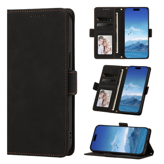Phone Case for iPhone 16 Plus, Shockproof PU Leather Case with Card Slots Kickstand Magnetic Flip Wallet Protective Cover, Black