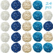 24 Pack 2 Inch Rattan Ball Wicker Balls,Decorative Balls for Craft,Party,Valentine's Day,Wedding Table Decoration(Natural Wood,White,Dark Blue,Blue)