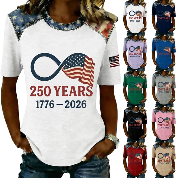 Youpwaven Women's USA 250th Anniversary T-Shirt, Patriotic Infinity American Flag Graphic Top, 1776-2026 Independence Day Round Neck Tee, 250 Years Celebration Shirt