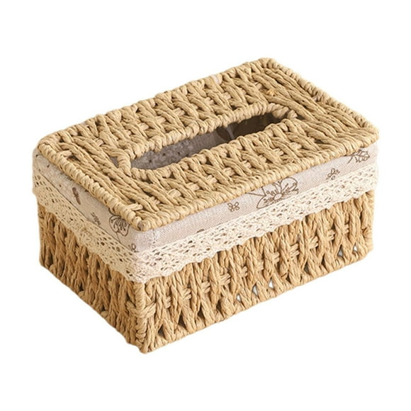 Caja de pañuelos de escritorio de paja tejida, servilletero de ratán para el hogar, caja de almacenamiento artesanal para sala de estar, baño o dormitorio, diseño natural y ecológico.