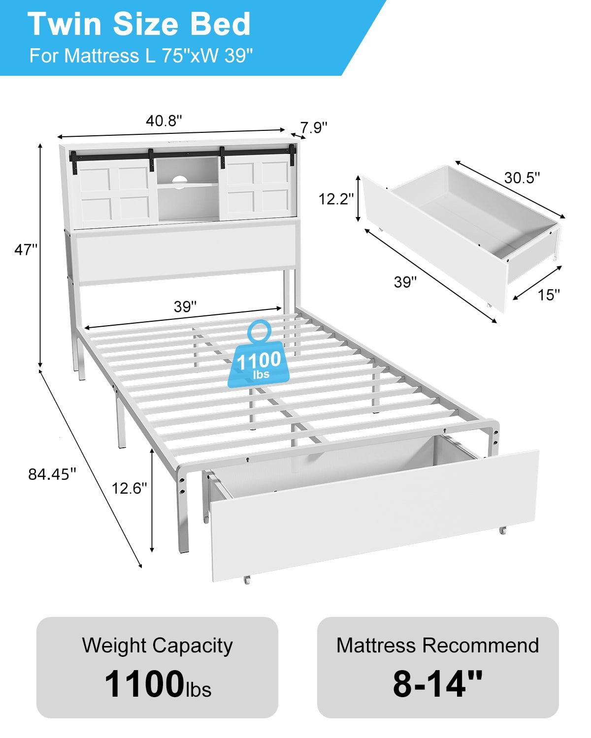 Twin Bed Frame with Storage Headboard & Drawer, 3-in-1 Charging Station, Sturdy Metal Frame, No Box Spring Needed, Noise-Free, Non-Slip Design –(White)