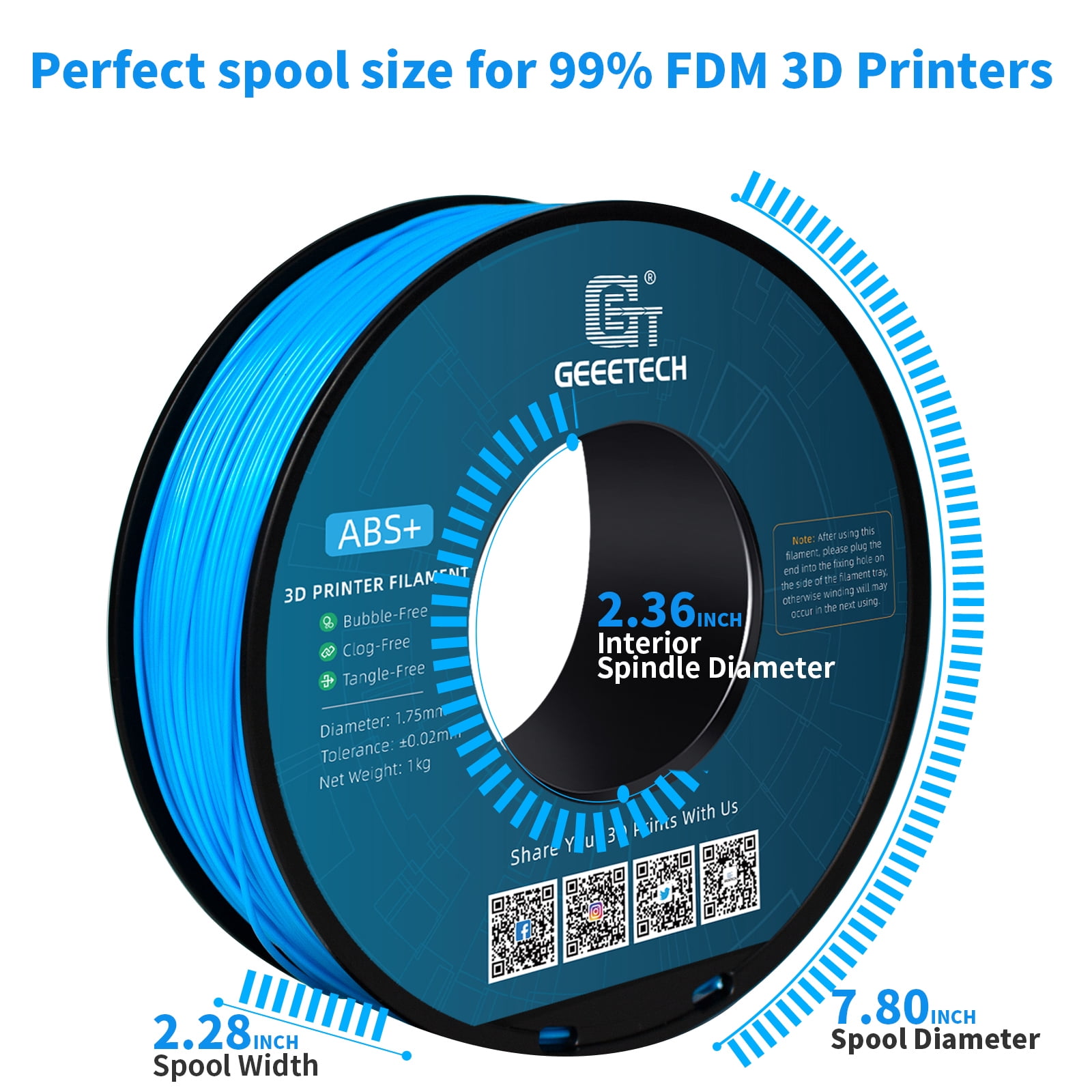 Geeetech neatly wound lake blue ABS filament 1.75mm 3D printer filament 1kg (2.2lbs), dimensional accuracy +/- 0.03 mm, suitable for most FDM 3D printers（5pcs）