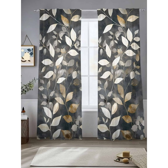Brown White Leaves Sheer Curtains for Living Room Bedroom Farmhouse Vintage Botanical Plants Sheer Curtains 96 Inch Long 2 Panels Set Light Filtering Curtain Window Treatments Drapes for Dining Room