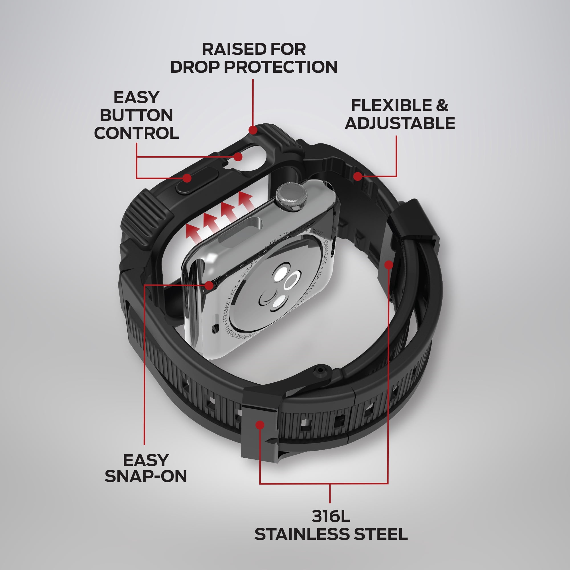 Monster Rugged Smart Watch Band with Protective Case and Touch-Sensitive Screen Cover, Compatible with Apple Watch, 44mm