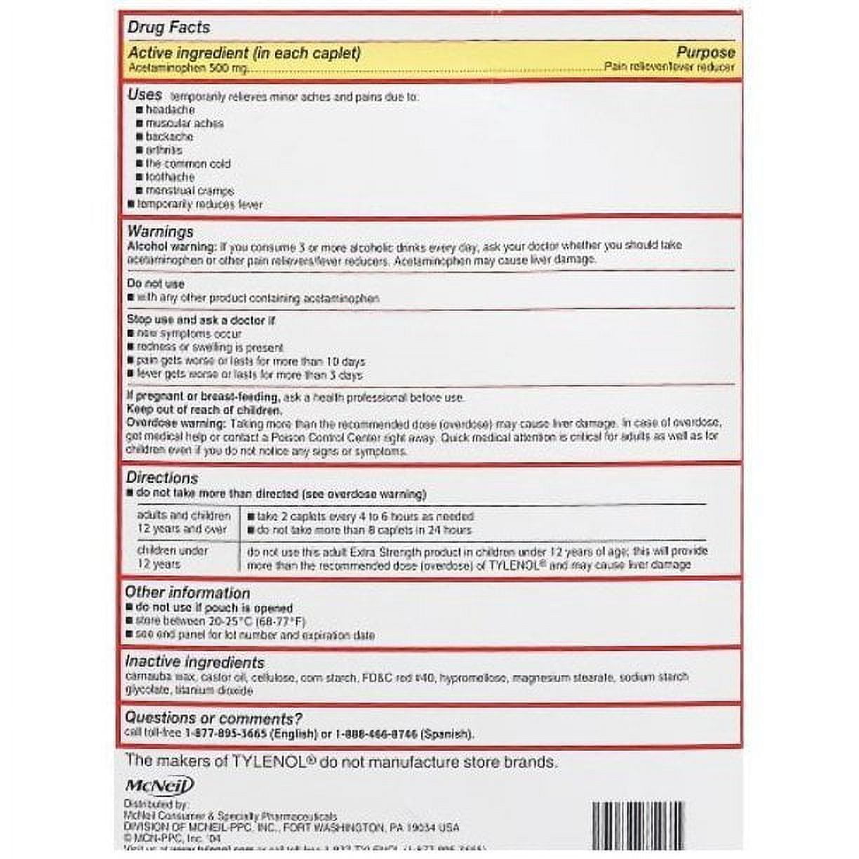 TYLENOL Extra Strength Pain Reliever & Fever Reducer Caplets, Two-Pack, 50 ea (Pack of 2)