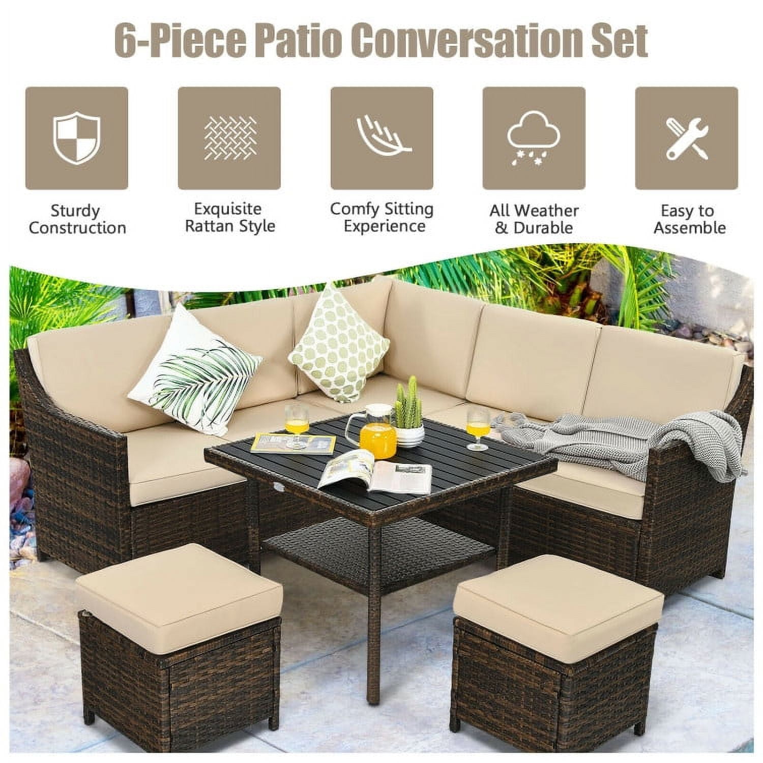Aimee Lii 6 Pieces Patio Rattan Dining Sofa Funiture Set, Outdoor Deck Furniture Aimee Lii 6 Pieces Patio Rattan Dining Sofa Funiture Set, Outdoor Deck Furniture
