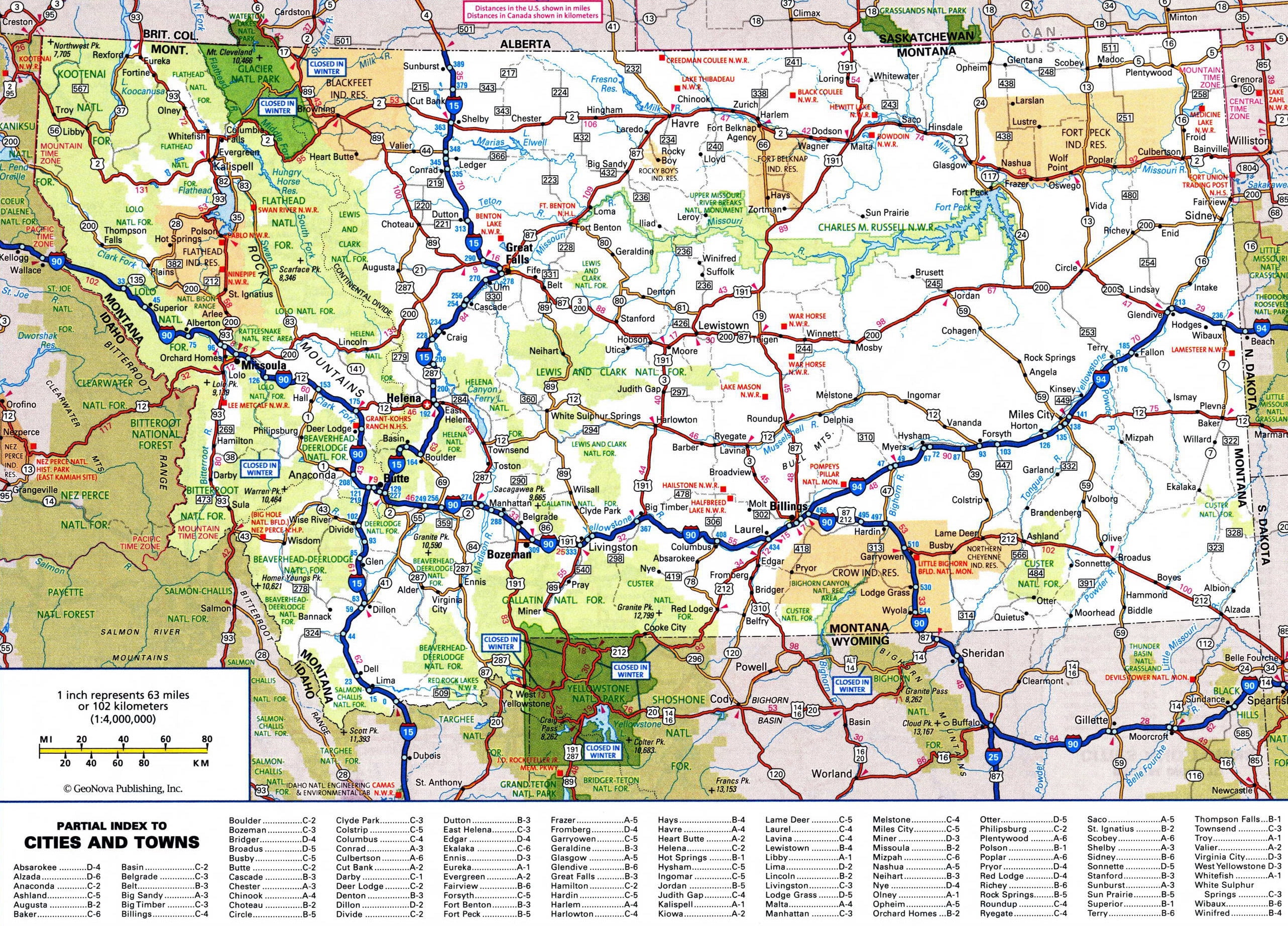 Laminated Map Large detailed roads and highways map of Montana state