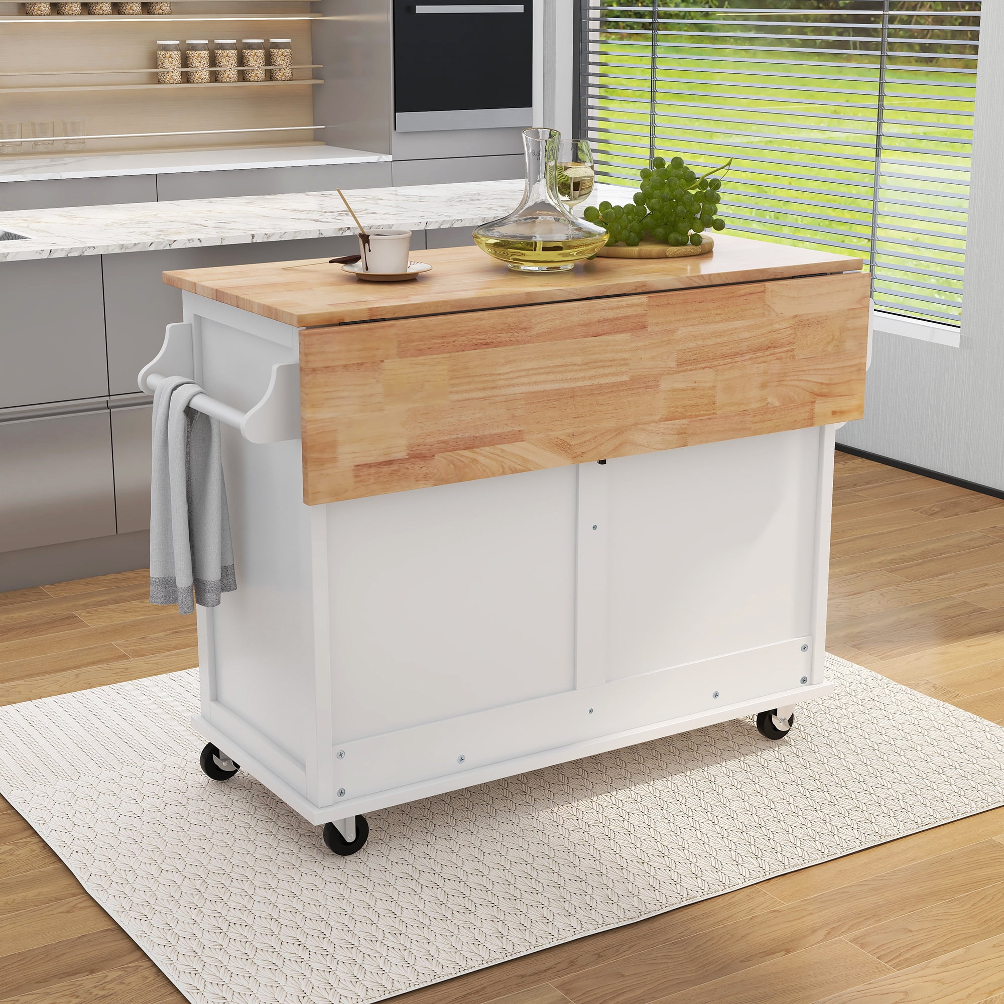 Momspeace 52.2 Inch Kitchen Cart Rubber Wood Drop‑Leaf Countertop Concealed Sliding Barn Door Adjustable Height, MDF Material, White/Black/Mint Green