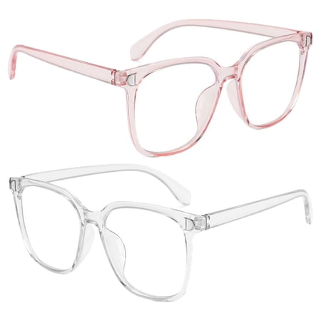 2Pcs Fashion Radiation Protection Flexible Ultralight Eyeglasses Computer Goggles Flat Mirror Eyewear Blue Light Blocking Glasses PINK&TRANSPARENT