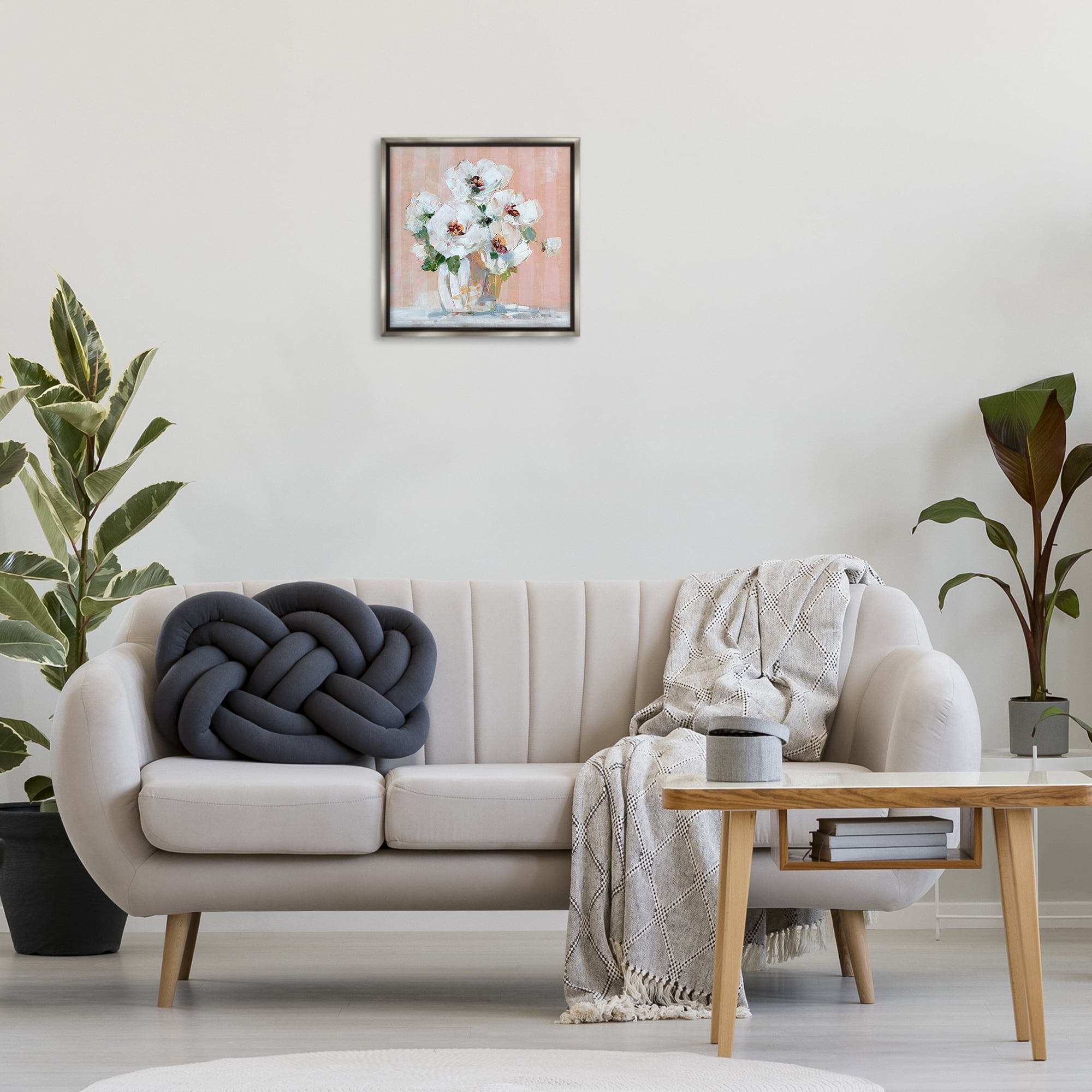 Stupell Industries White Poppies on Pink Botanical & Floral Painting Gray Floater Framed Art Print Wall Art, 18 x 18