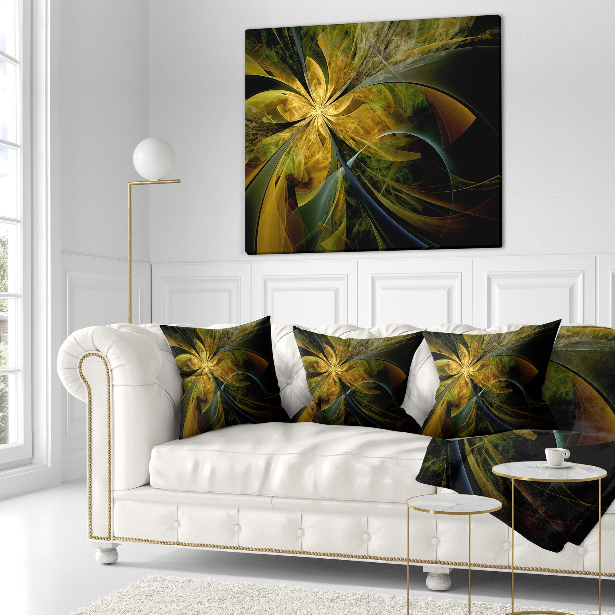 Designart Symmetrical Fractal Flower in Gold - Floral Throw Pillow - 16x16