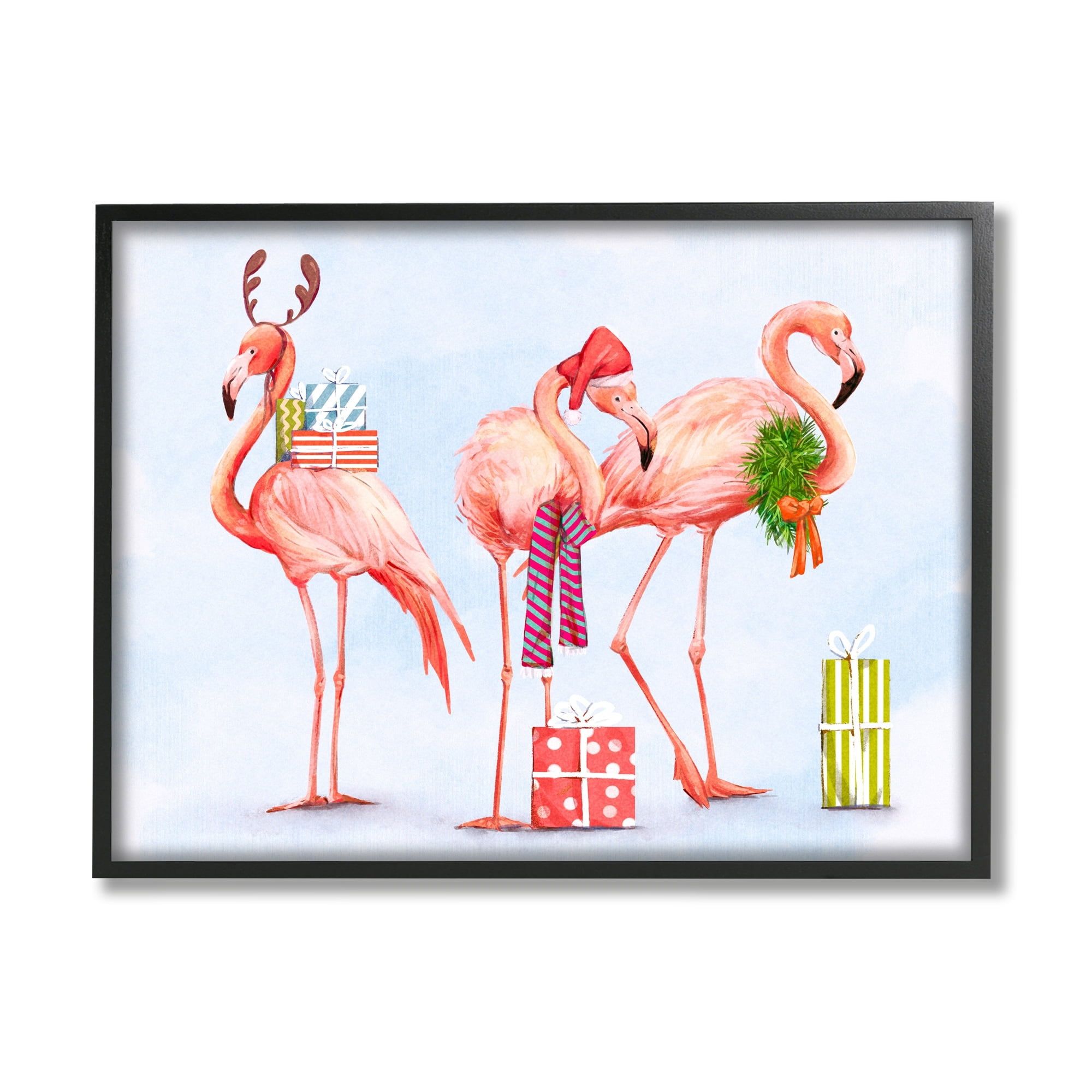 Gift Giving Pink Flamingos Charming Holiday Birds Coastal Painting Framed Art Print Wall Art