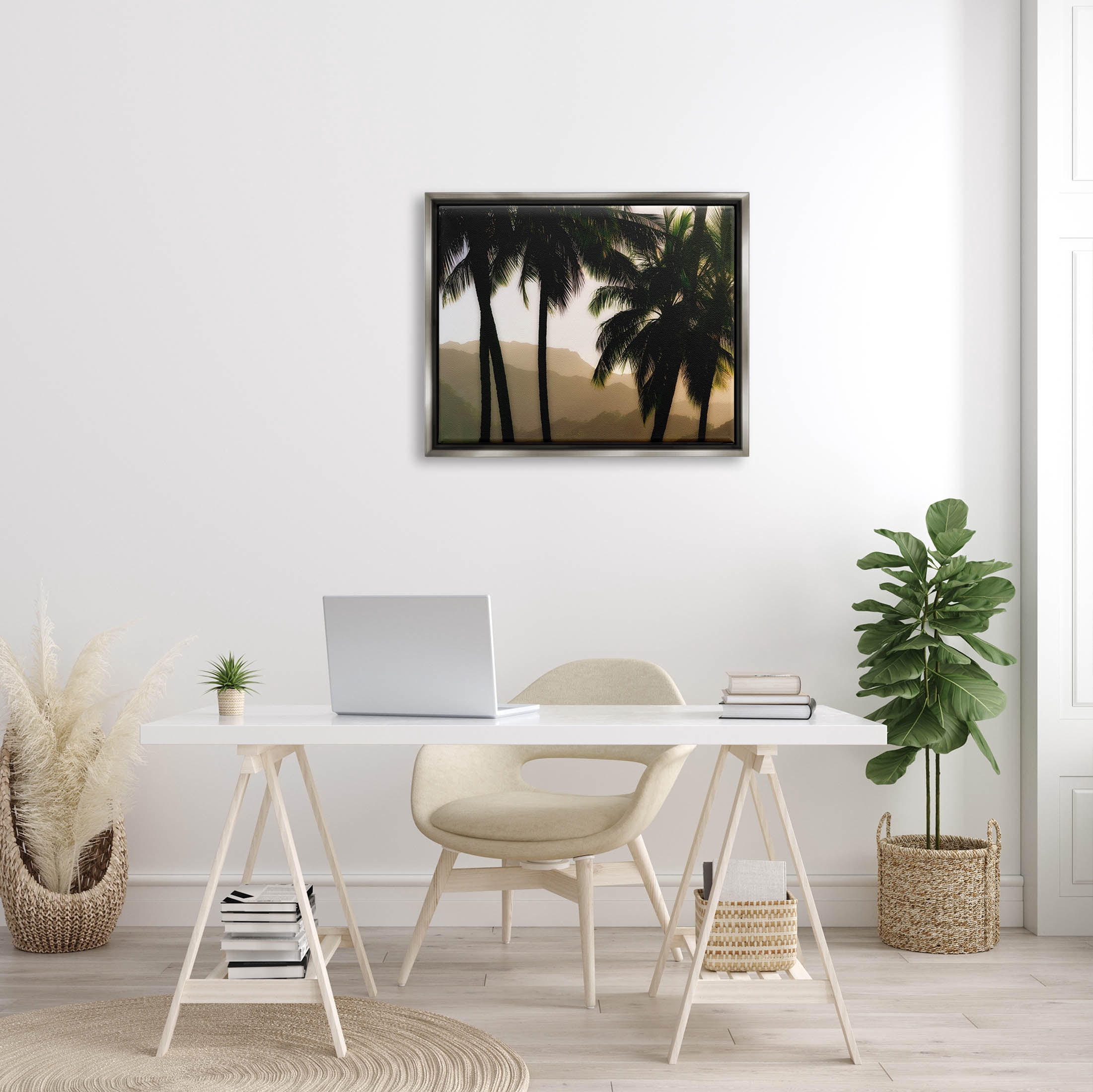 Stupell Industries Sunlit Palm Trees Mountain Peaks Photograph Luster Gray Floating Framed Canvas Print Wall Art, Design by Dennis Frates