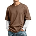 thumbnail image 2 of Men's T-Shirt Fake Two-Piece Layered Look Contrast Sleeve Casual Long Sleeve Pullover Fall Solid Color Top, 2 of 6