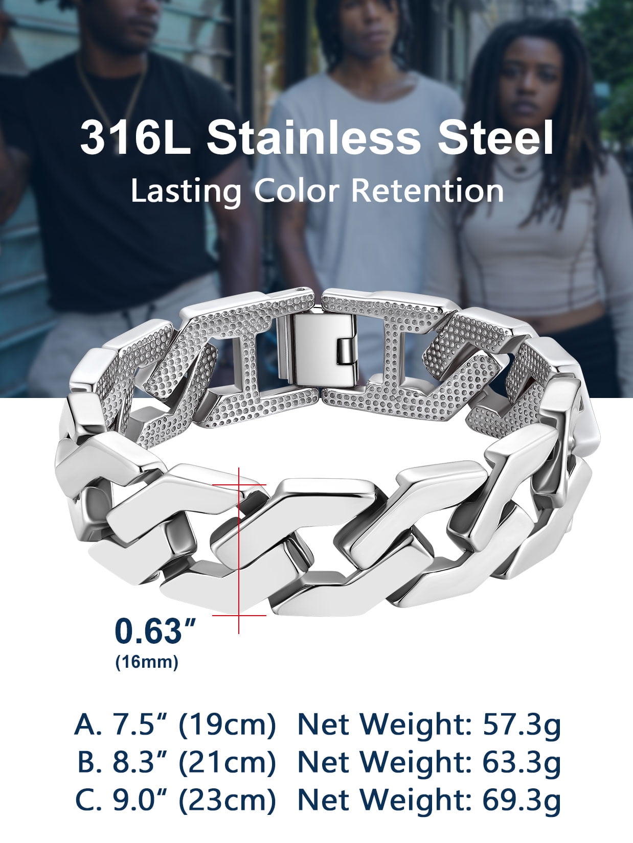 ChainsProMax Men Cuban Link Bracelet, 316L Stainless Steel Mens Jewelry Gift, 16mm Width, 7.5"-9"