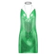 thumbnail image 3 of Women Sexy Halter Mini Dress Y2K Low Cut Mini Dress Sleeveless Cowl Neck Spaghetti Strap See Through Metal Chain Halter Sequin Glitter Sparkle Dance Costume Festival Club Cover Up Ladies, 3 of 3