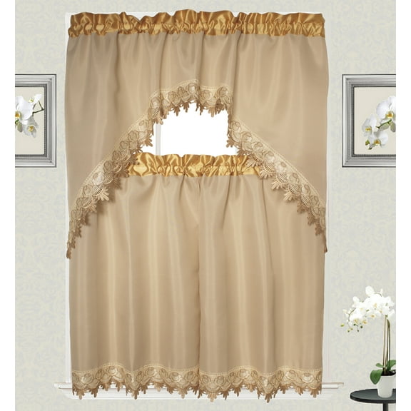 Elizabeth Macrame Embroidery Design 3pc Curtain Set for Kitchen and Home window treatment Consist of 2 Bottom Tiers: 30"X36" each and top Swag: 60"X36"
