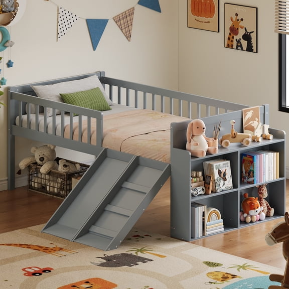 MODERNLUXE Twin Bed Frame with Storage Shelf, Wooden Bed Frame with Guardrail,Slide and Ladder, Platform Twin Size Bed for Girls Boys,No Box Spring Needed, Gray