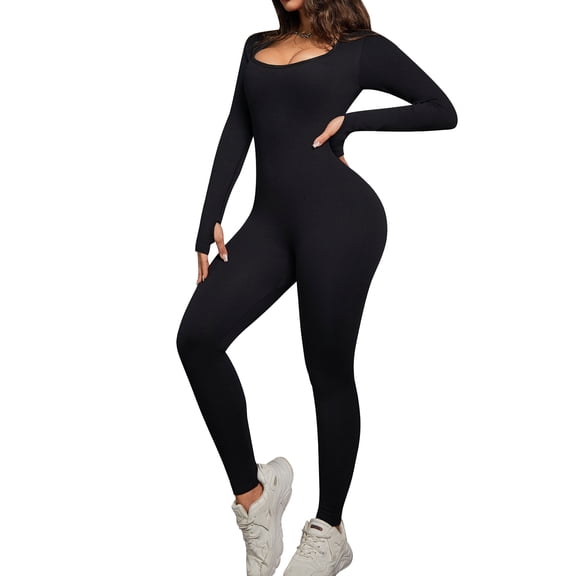 Takusun  Womens Long Sleeve Workout Jumpsuit Square Neck Ribbed Seamless Yoga Romper Sexy Bodycon Unitard