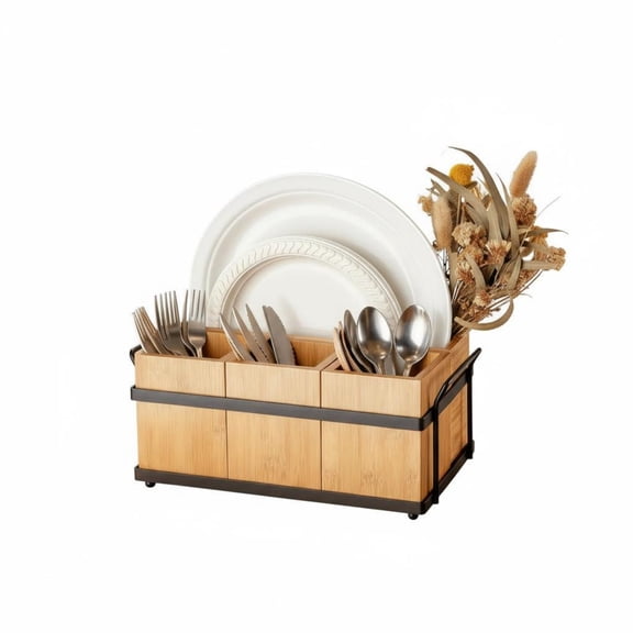 Garvee Utensil Holder for Party, 10.6 x 6.4 x 5", with 4 Detachable Compartments & Metal Tray, Oak