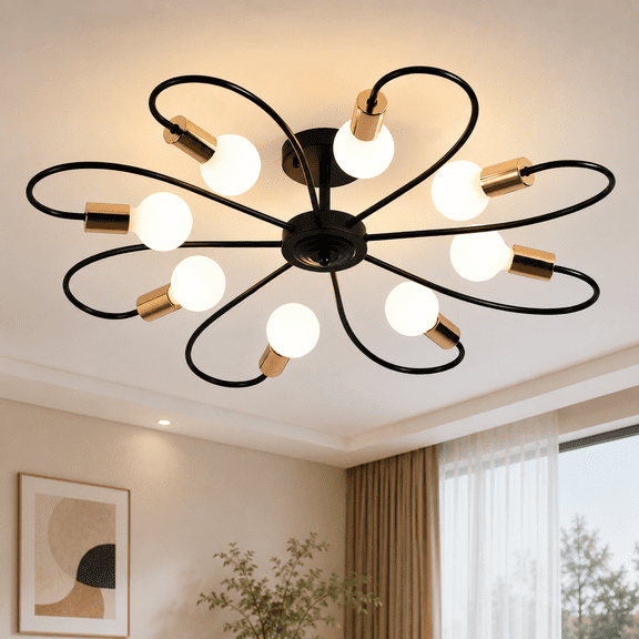 Ganeed 8-Light Semi Flush Ceiling Light, Modern Sputnik Chandeliers , Industrial Vintage Ceiling Lamp Fixture for Kitchen Dining Living Room Bedroom (Black&Gold)