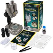 NATIONAL GEOGRAPHIC Dual LED Student Microscope – 50+ pc Science Kit Includes Set of 10 Prepared Biological & 10 Blank Slides, Lab Shrimp Experiment, 10x-25x Optical Glass Lenses and more! (Silver)