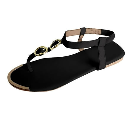 CHOII Clearance Summer Womens Flip-Flops Open Toe Casual Shoes Flats Buckle Strap Roman Sandals Minimalist Style Thong Sandals T-Strap Ankle Strap Sandals Black/6.5