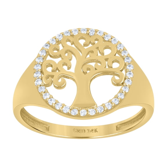 14k Yellow Gold Womens Cubic-Zirconia Tree Of Life Good Luck Ring