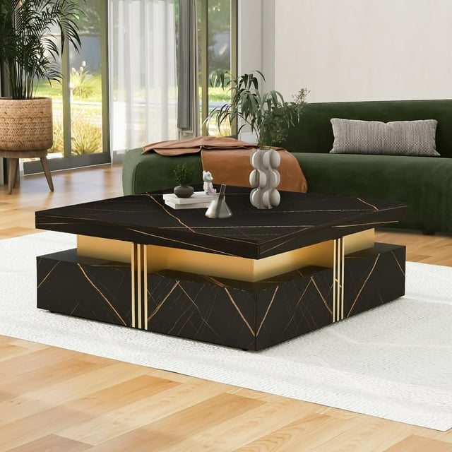 Table Basse Moderne Noire Carrée de 43,3 Pouces avec 4 Tiroirs, Table d'Appoint de Rangement, Multiples Tables d'Extrémité, Table Utilitaire, Table Téléphonique, Table de Salon
