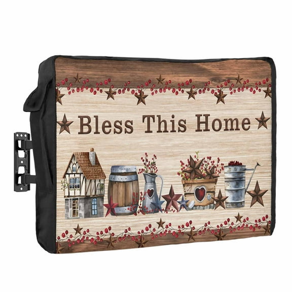 Outdoor TV Cover 80 to 85 Inches, Bless This Home Farmhouse Country Star Barn Retro Wood Grain Waterproof TV Cover with Remote Control Pocket, Flat Screen TV Cover Protector for Outside TV