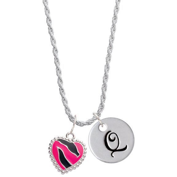 Delight Jewelry Silvertone Hot Pink Zebra Print Heart Silvertone Script Initial Disc - Q - Charm Necklace, 20"+3"