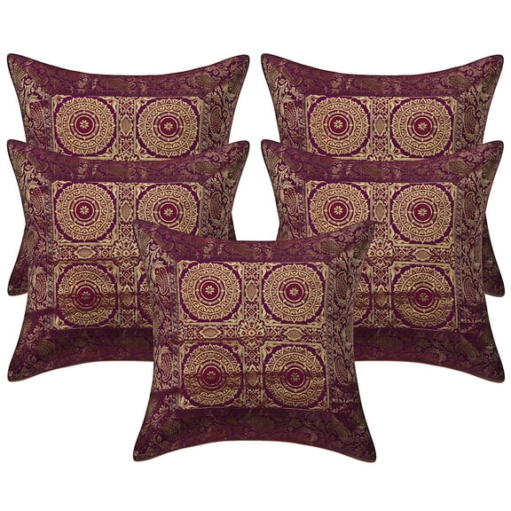 Stylo Culture Ethnic Sofa Throw Pillow Covers 16x16 Jacquard Purple Square 40 x 40 cm Home Decor Brocade Floral Mandala Zippered Cushion Covers | Set Of 5